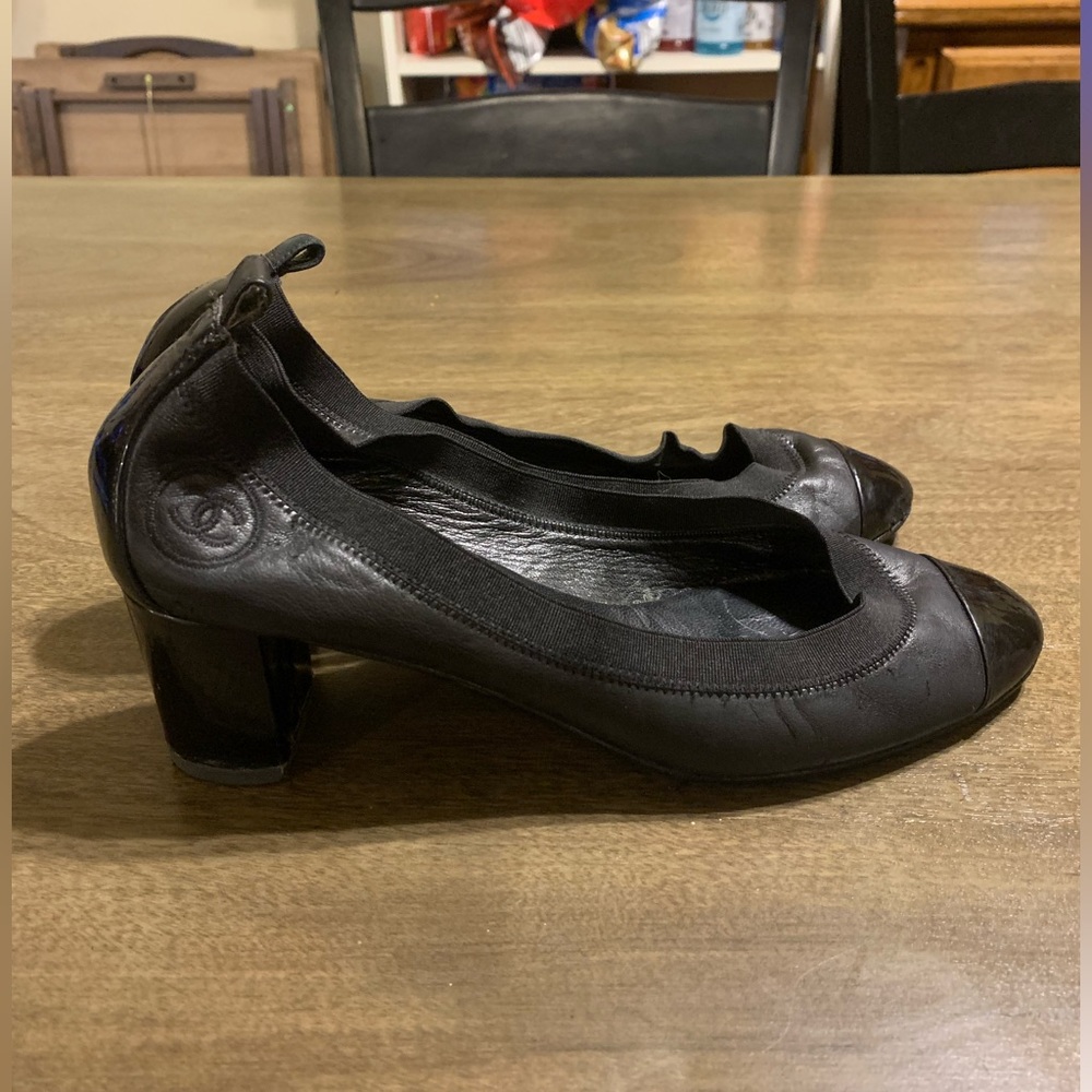 CHANEL Black Leather Cap Toe Block Heel Pumps - Picture 5 of 15